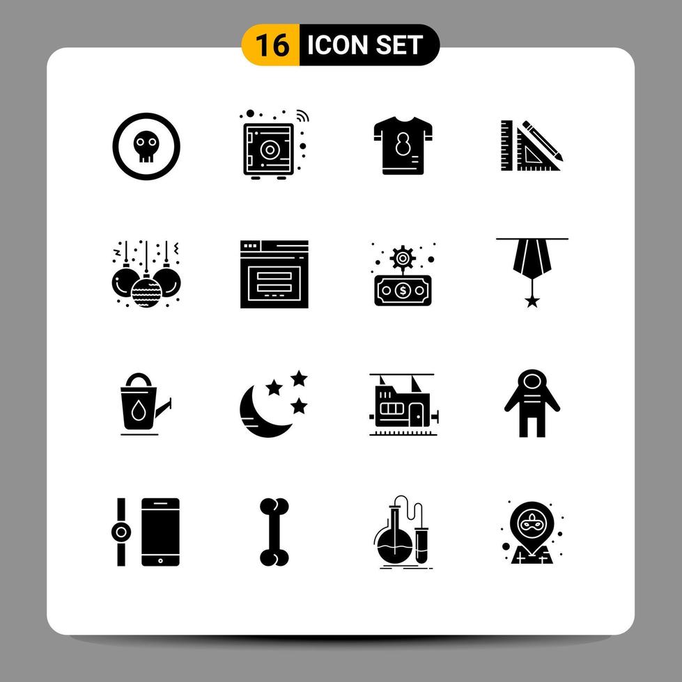 conjunto moderno de 16 glifos y símbolos sólidos, como reparación, construcción, caja de seguridad, escala, camiseta, elementos de diseño vectorial editables vector