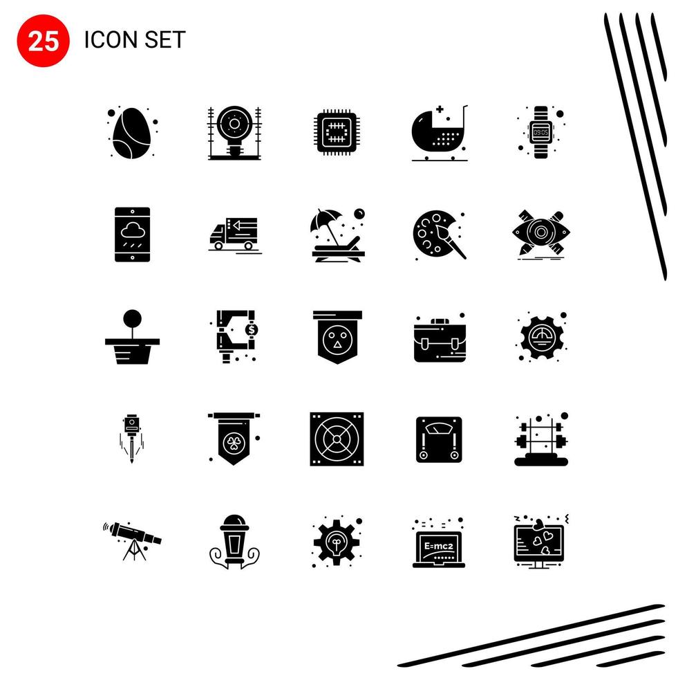 Mobile Interface Solid Glyph Set of 25 Pictograms of form disease power chair cpu Editable Vector Design Elements