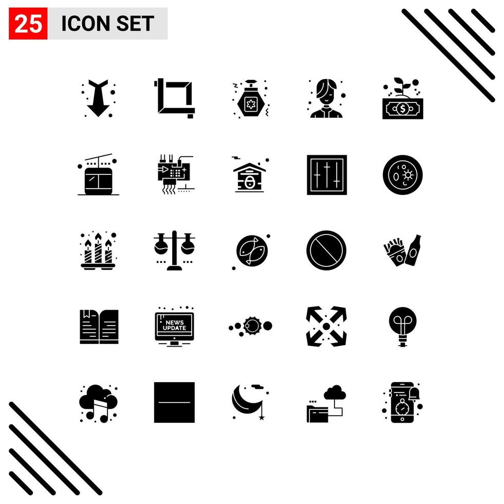 User Interface Pack of 25 Basic Solid Glyphs of leaf dollar night business hair Editable Vector Design Elements