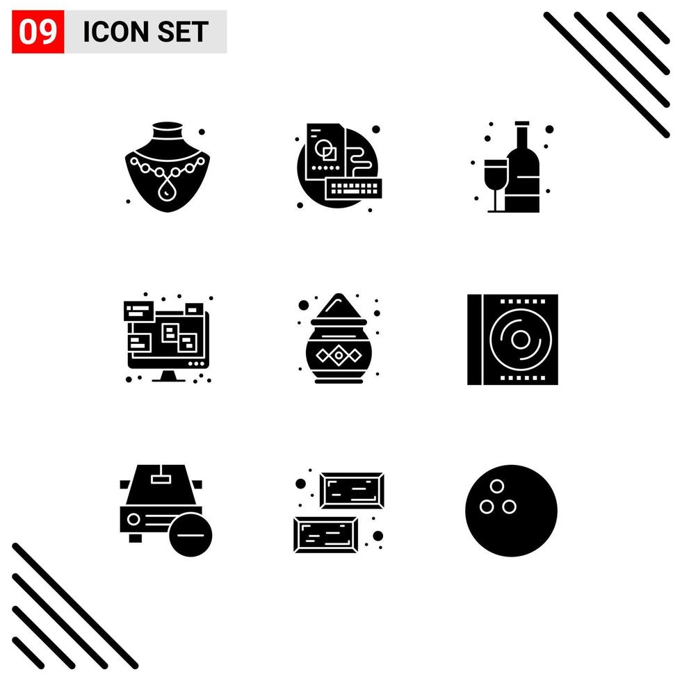 Universal Icon Symbols Group of 9 Modern Solid Glyphs of pot color supermarket monitor communication Editable Vector Design Elements