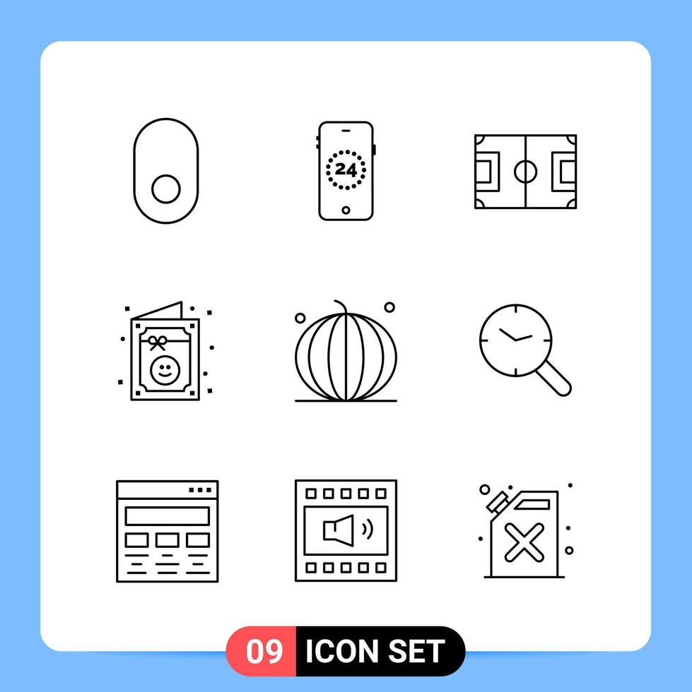 Símbolos de contorno del paquete de iconos negros de 9 líneas para aplicaciones móviles aisladas en fondo blanco. 9 iconos establecidos. vector