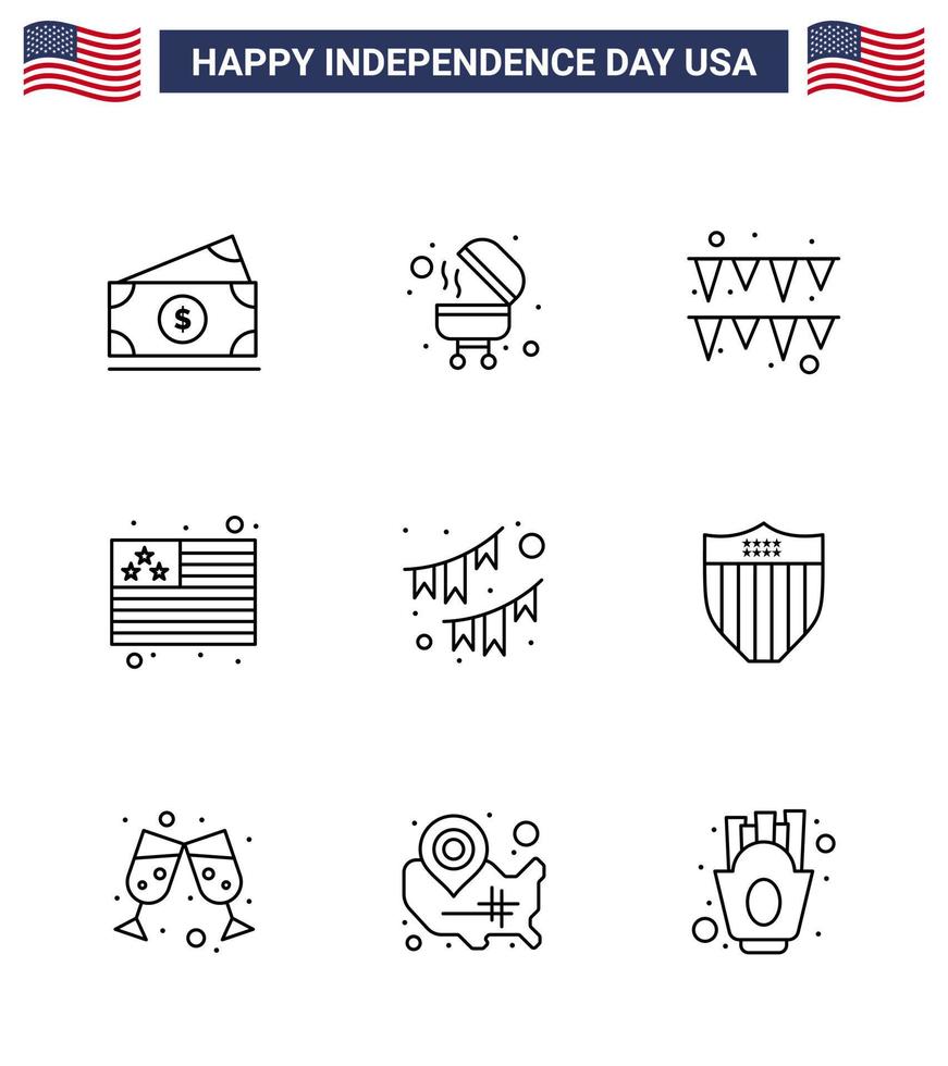 Line Pack of 9 USA Independence Day Symbols of garland decoration garland buntings usa Editable USA Day Vector Design Elements