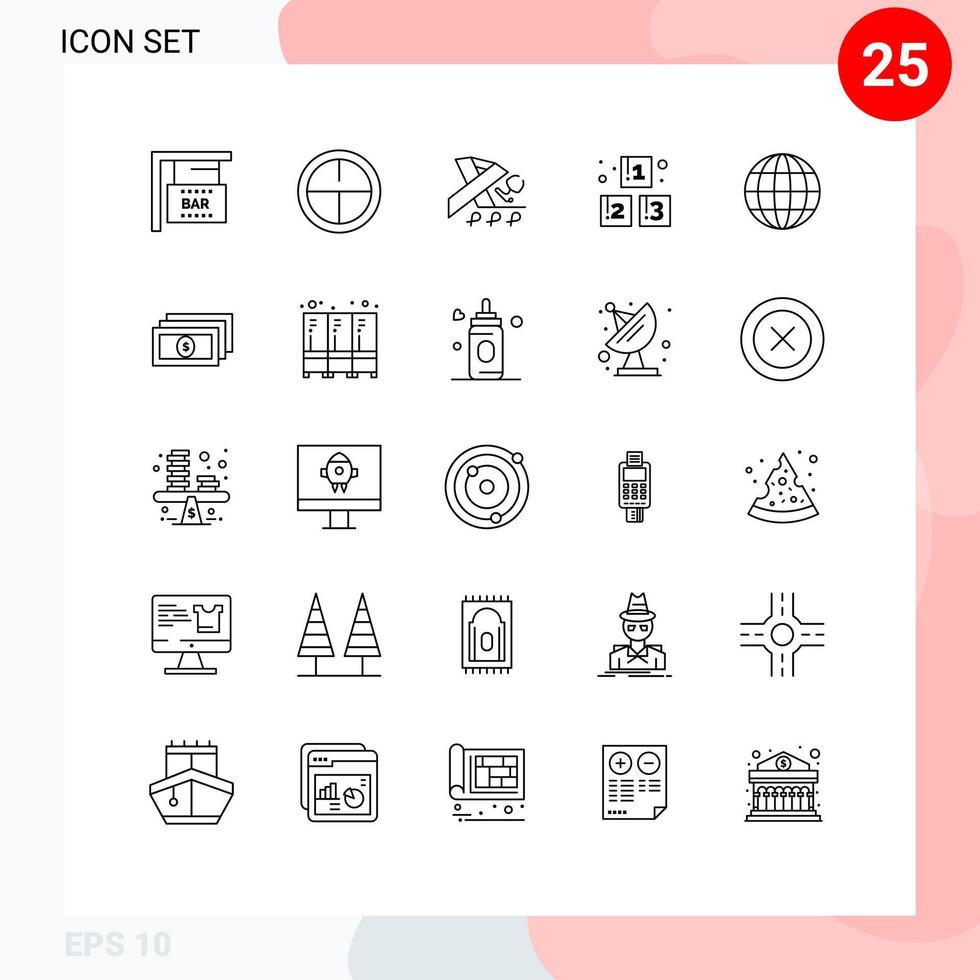 Modern Set of 25 Lines and symbols such as dollar globe ribbon earth preschool Editable Vector Design Elements