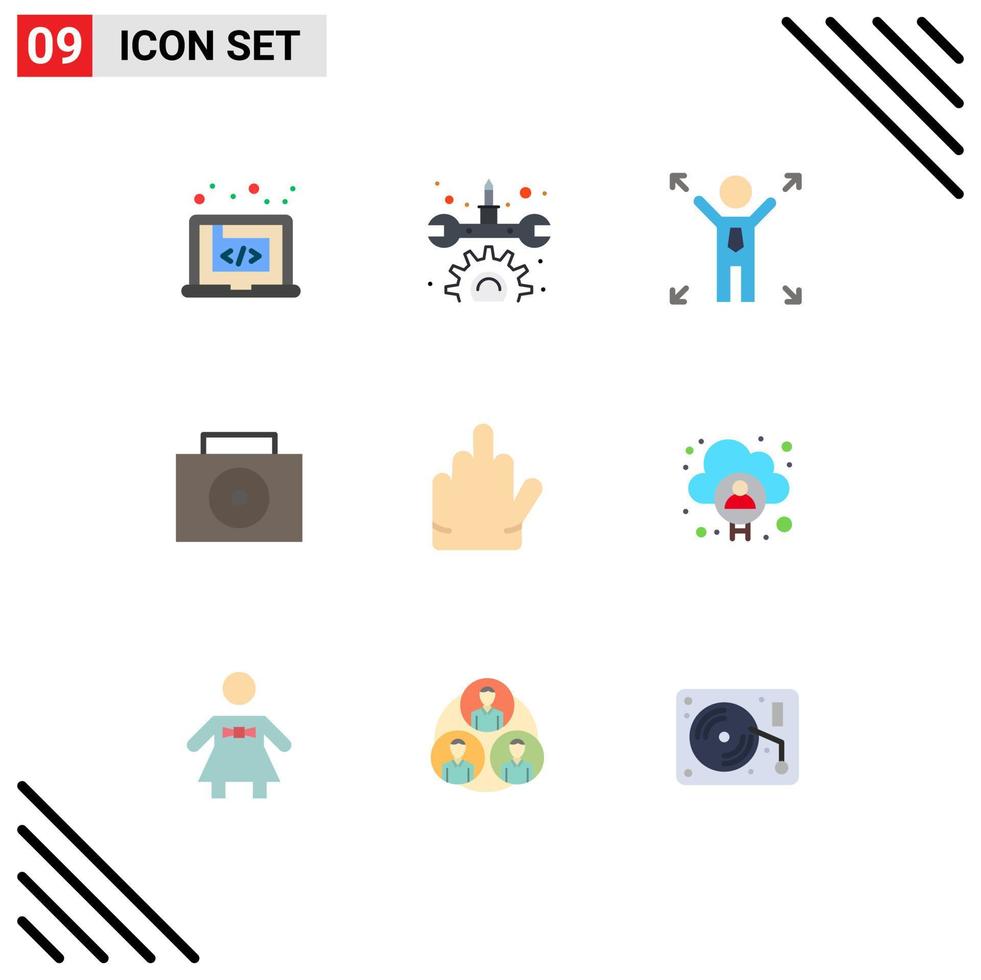 Pack of 9 Modern Flat Colors Signs and Symbols for Web Print Media such as cloud stop business hand suitcase Editable Vector Design Elements
