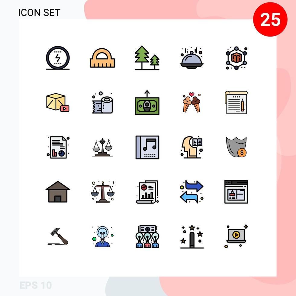 Mobile Interface Filled line Flat Color Set of 25 Pictograms of media geometric cypress cube food Editable Vector Design Elements