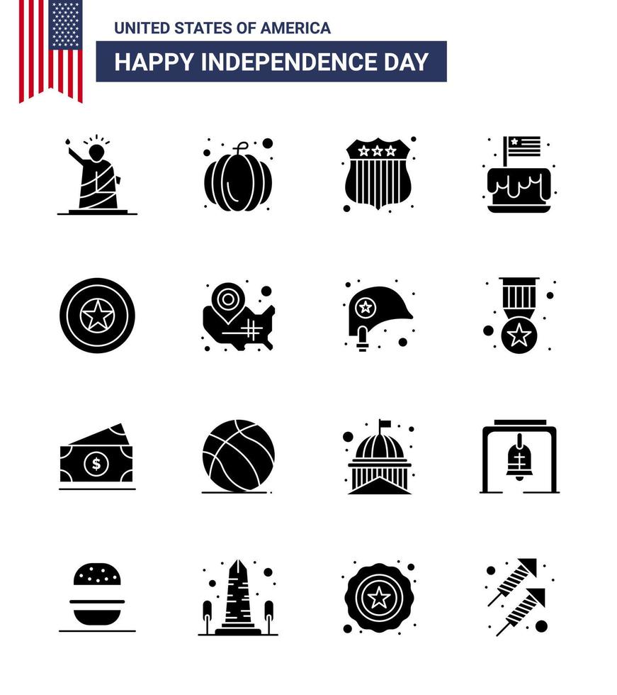 Group of 16 Solid Glyphs Set for Independence day of United States of America such as independece usa badge party cake Editable USA Day Vector Design Elements