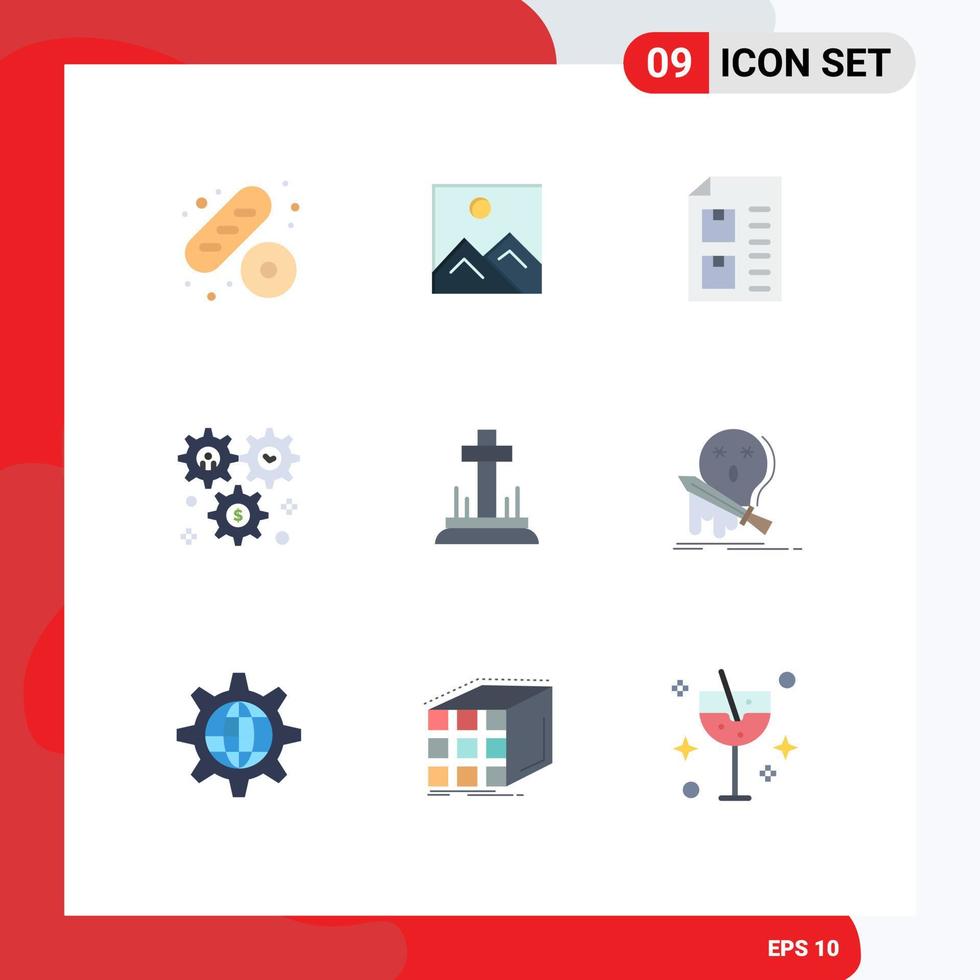 paquete de 9 signos y símbolos modernos de colores planos para medios de impresión web, como configuración de celebración, configuración de entrega, elementos de diseño de vectores editables cog
