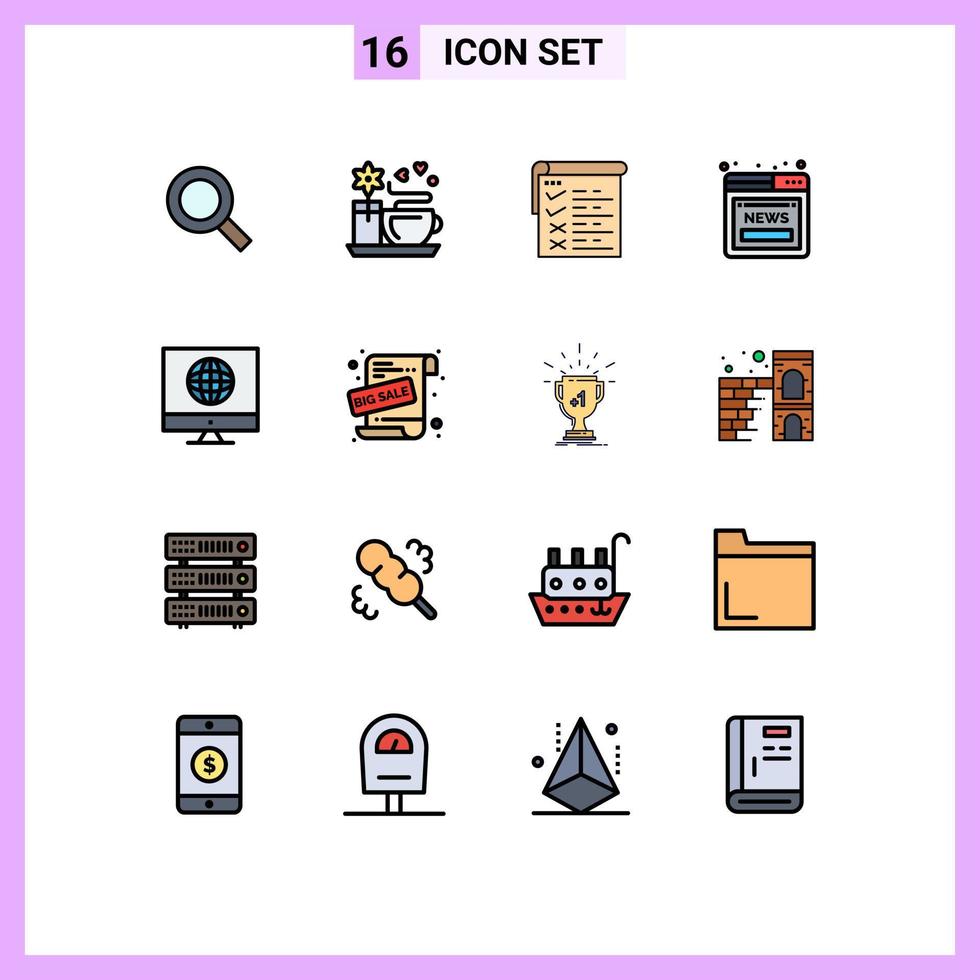 Universal Icon Symbols Group of 16 Modern Flat Color Filled Lines of news communication testing web news Editable Creative Vector Design Elements