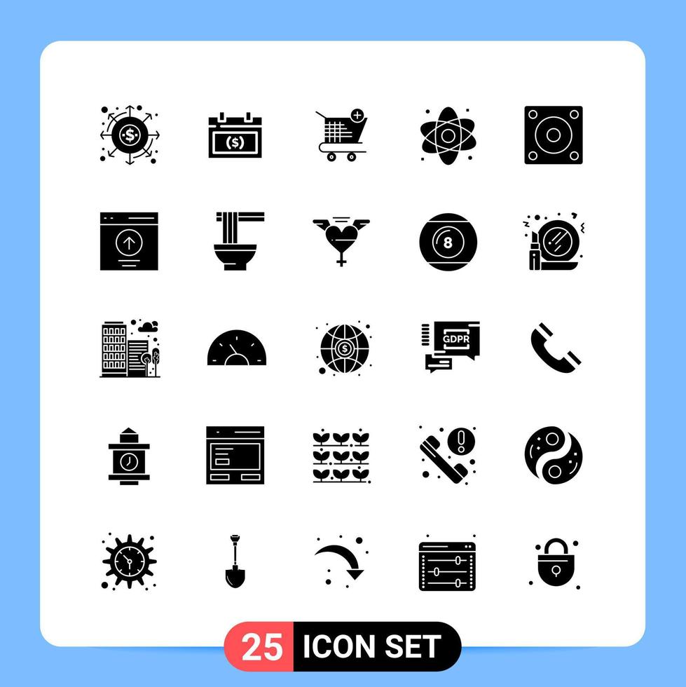 25 símbolos de glifo de paquete de iconos negros sólidos para aplicaciones móviles aisladas en fondo blanco. 25 iconos establecidos. vector