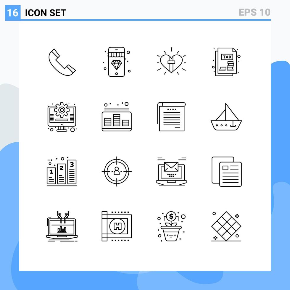 Mobile Interface Outline Set of 16 Pictograms of marketing business heart tax document Editable Vector Design Elements