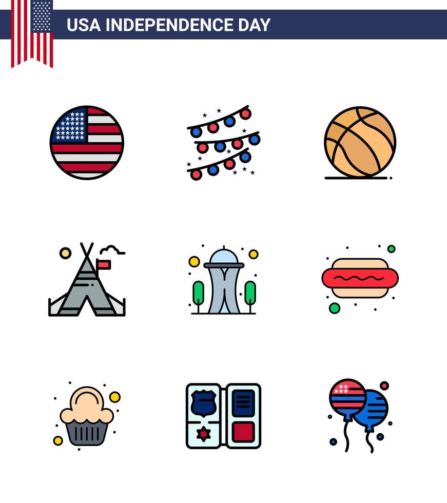 9 USA Flat Filled Line Pack of Independence Day Signs and Symbols of needle building ball american tent Editable USA Day Vector Design Elements