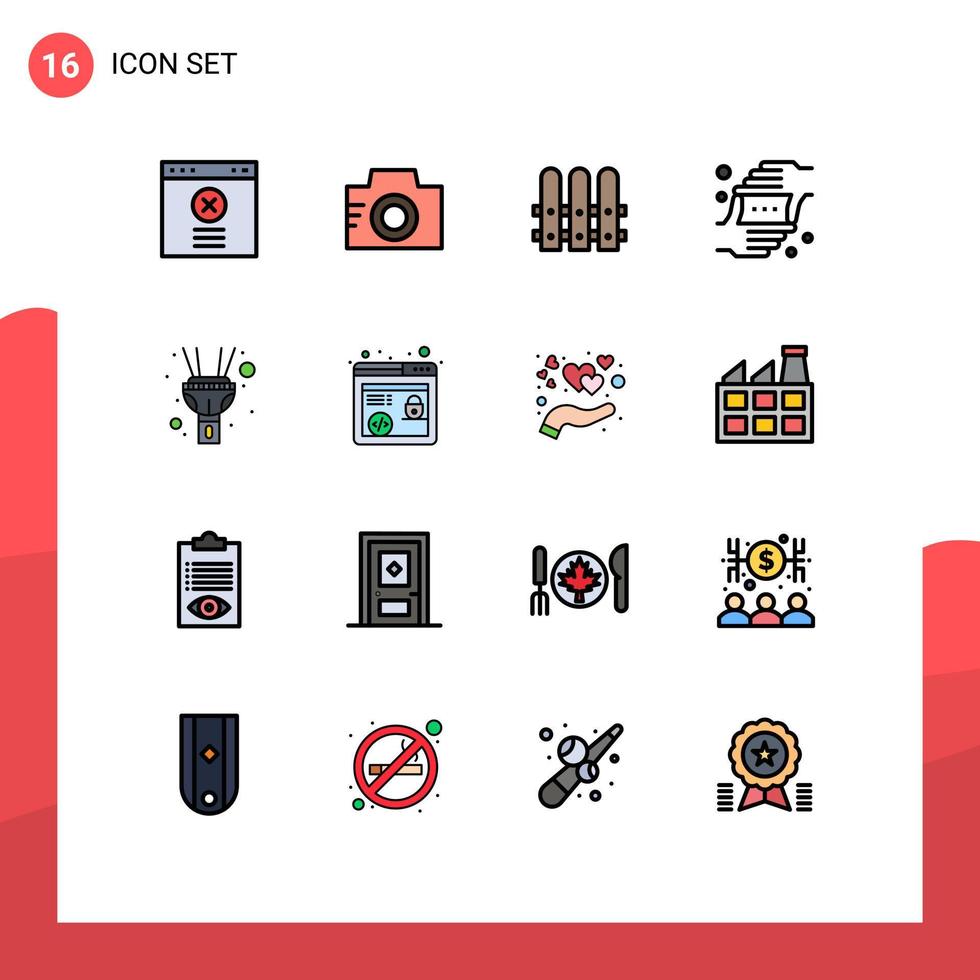 Pack of 16 Modern Flat Color Filled Lines Signs and Symbols for Web Print Media such as torch flash fence shot hands Editable Creative Vector Design Elements