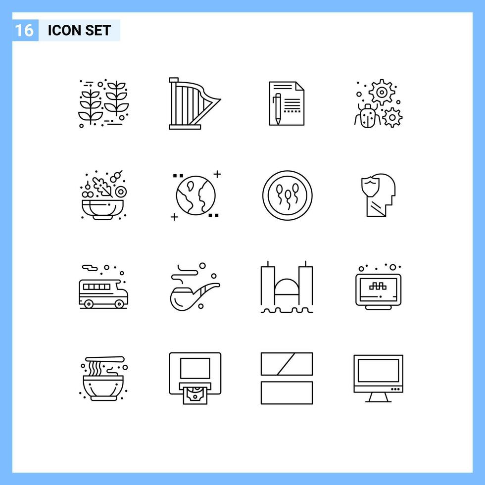 Set of 16 Modern UI Icons Symbols Signs for bug configure sound write paper Editable Vector Design Elements