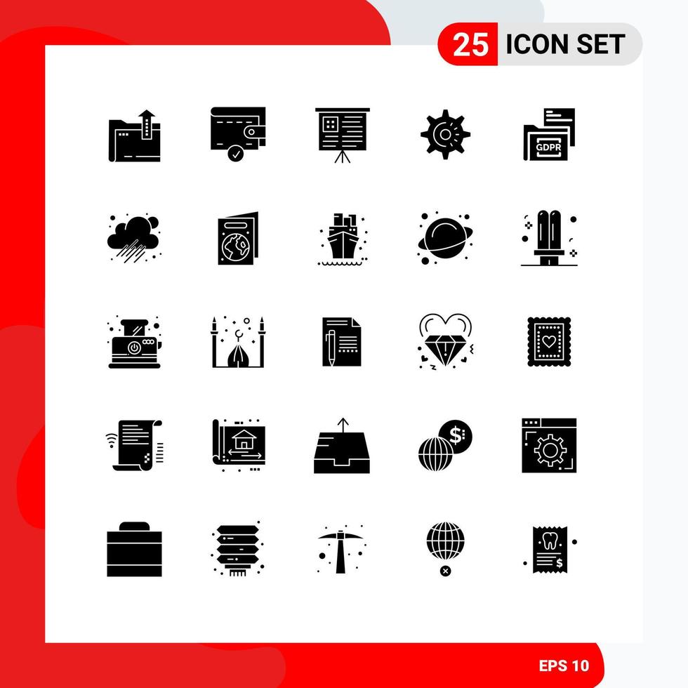 25 User Interface Solid Glyph Pack of modern Signs and Symbols of folder document chart data setting Editable Vector Design Elements