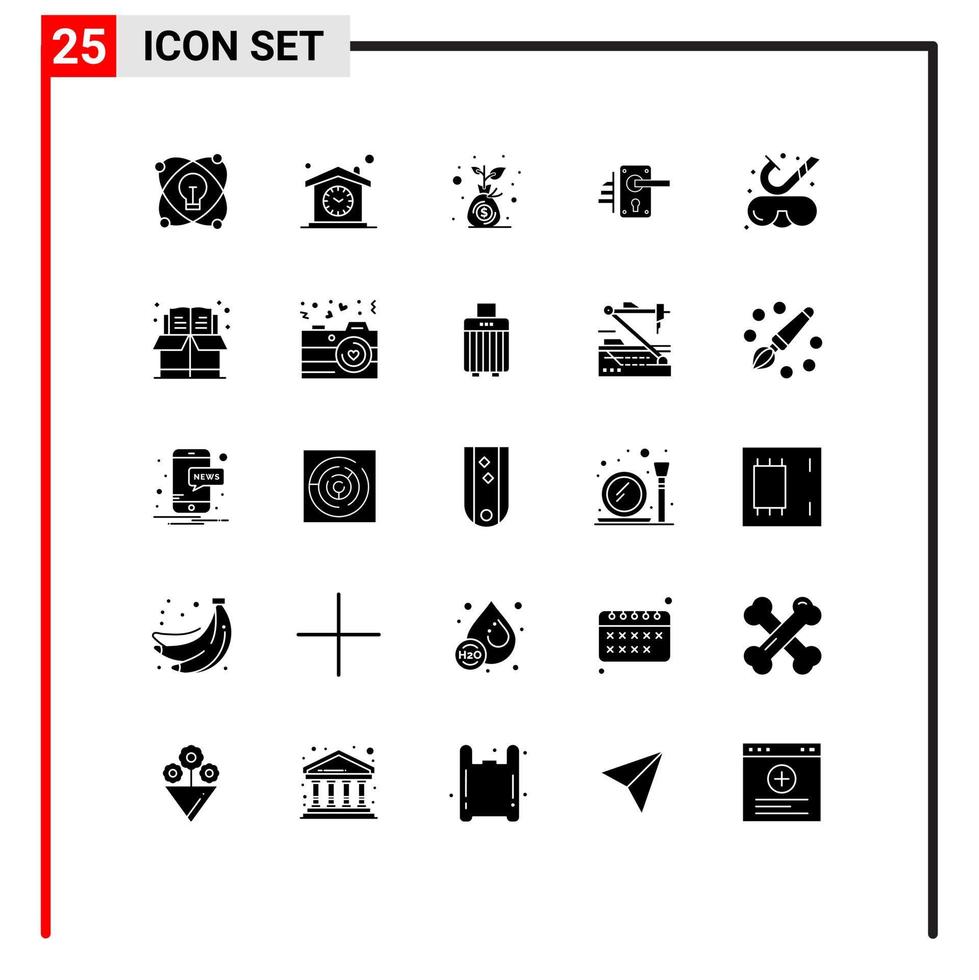 paquete de glifos sólidos de 25 símbolos universales de elementos de diseño vectorial editables de bolsa de dinero de puerta de diseño de manija de casa vector