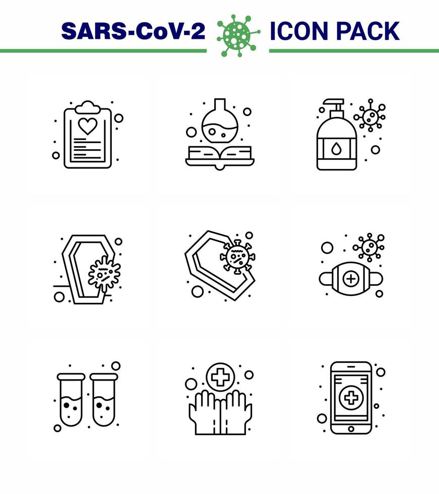 conjunto de iconos de 9 líneas de coronavirus sobre el tema de la epidemia de corona contiene iconos como infección por gripe, lavado de manos, ataúd de muerte, coronavirus viral 2019nov, elementos de diseño de vectores de enfermedades