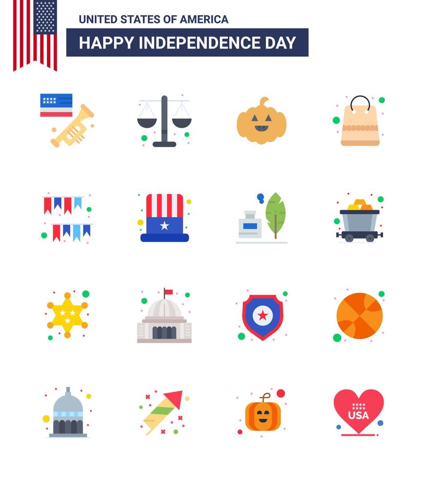 Modern Set of 16 Flats and symbols on USA Independence Day such as buntings american day pumkin shop money Editable USA Day Vector Design Elements