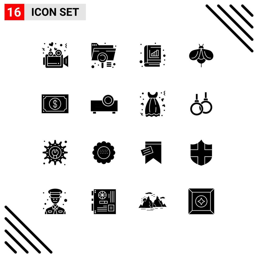 Universal Icon Symbols Group of 16 Modern Solid Glyphs of bug fly file bee graph Editable Vector Design Elements