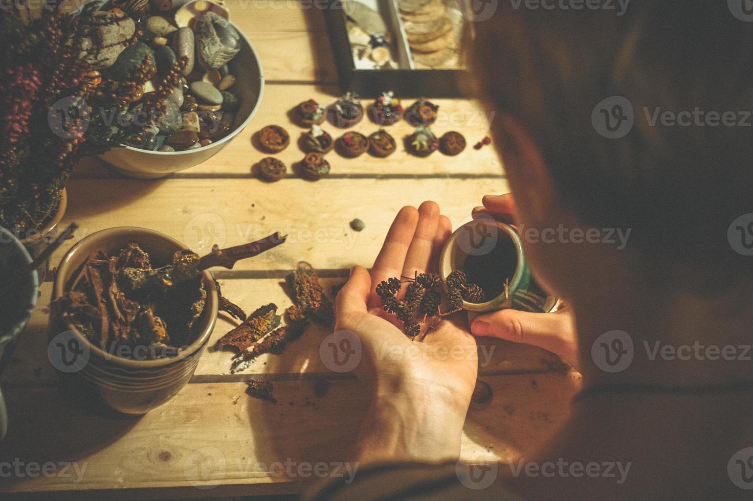 Close up sorting natural objects from forest for craft concept photo