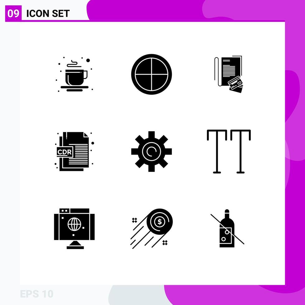 Pack of 9 Modern Solid Glyphs Signs and Symbols for Web Print Media such as setting gear notebook file format cdr format Editable Vector Design Elements