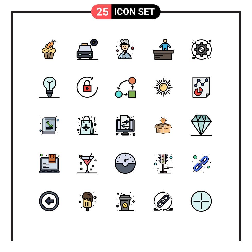 25 Thematic Vector Filled line Flat Colors and Editable Symbols of setting worker vehicles office cashier Editable Vector Design Elements
