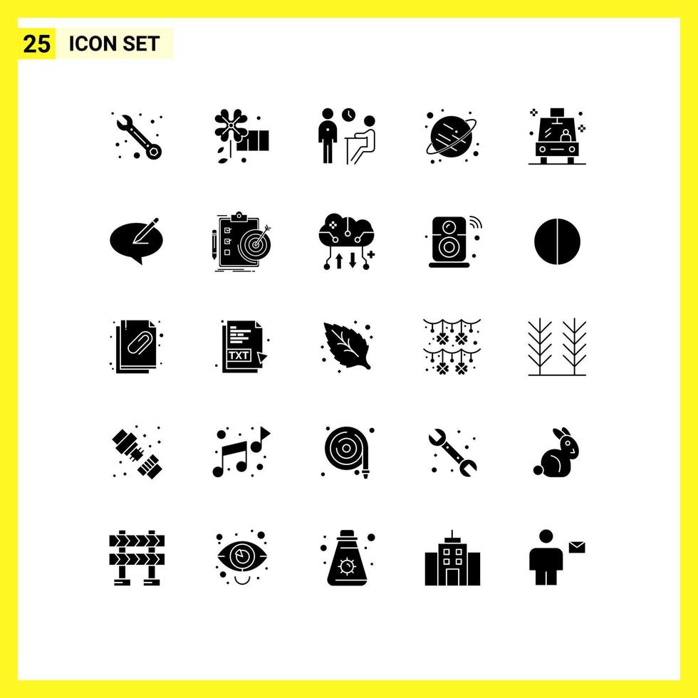 25 Solid Glyph concept for Websites Mobile and Apps school transport meeting shuttle saturn Editable Vector Design Elements
