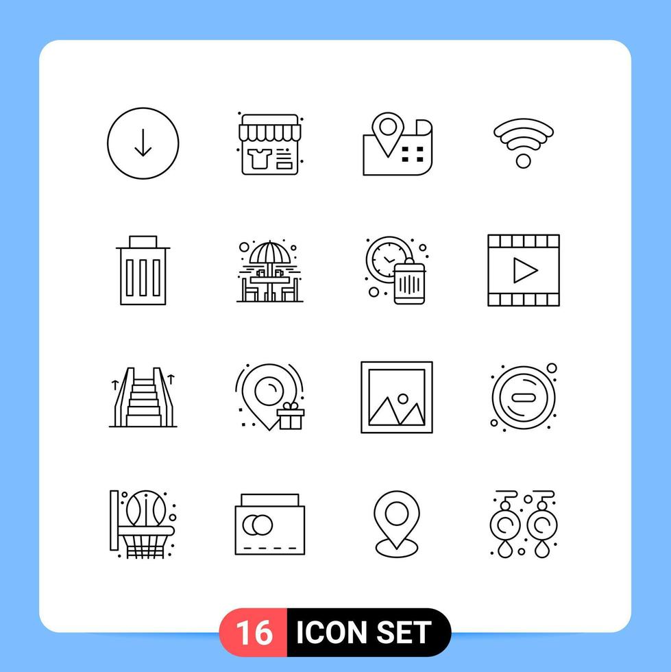 Pack of 16 Modern Outlines Signs and Symbols for Web Print Media such as user interface map delete wifi Editable Vector Design Elements