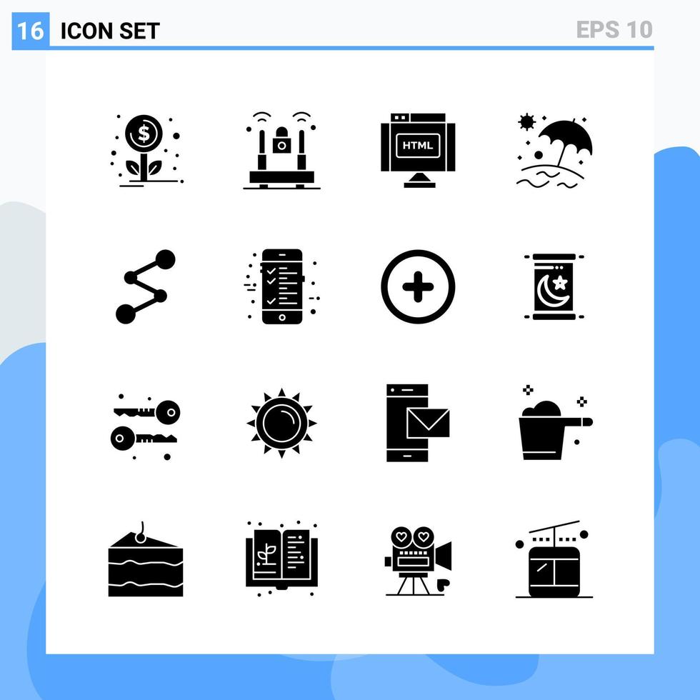 Modern 16 solid style icons. Glyph Symbols for general use. Creative Solid Icon Sign Isolated on White Background. 16 Icons Pack. vector