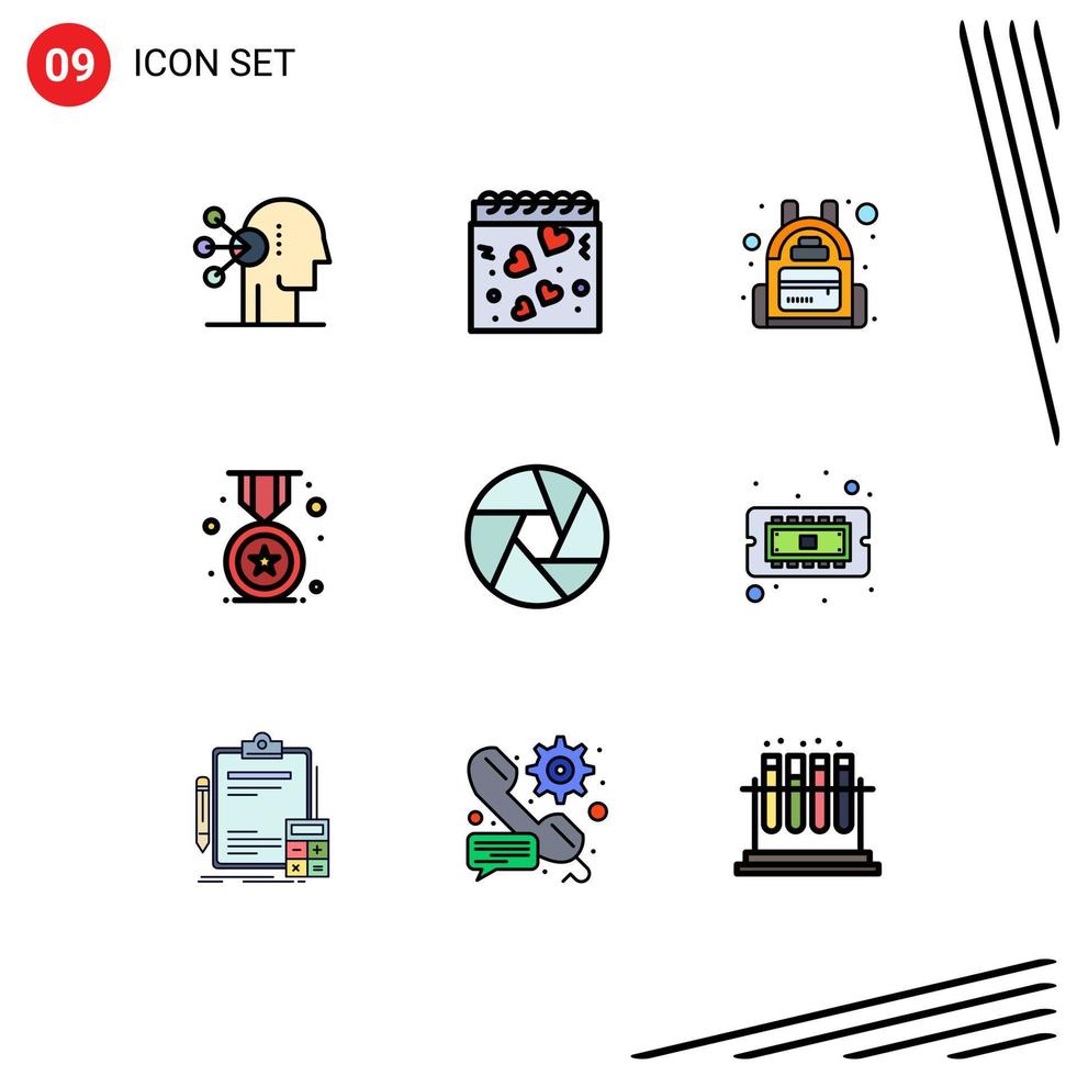 Set of 9 Modern UI Icons Symbols Signs for focus aperture backpack school badge Editable Vector Design Elements