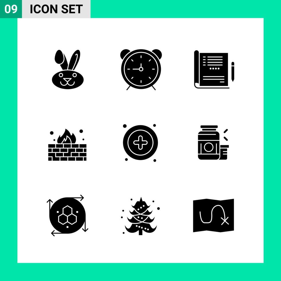 paquete de 9 conjunto de iconos de estilo sólido. símbolos de glifos para imprimir. signos creativos aislados sobre fondo blanco. 9 conjunto de iconos. vector