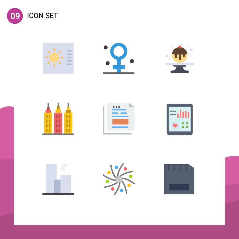 9 Thematic Vector Flat Colors and Editable Symbols of office file candy document tower Editable Vector Design Elements