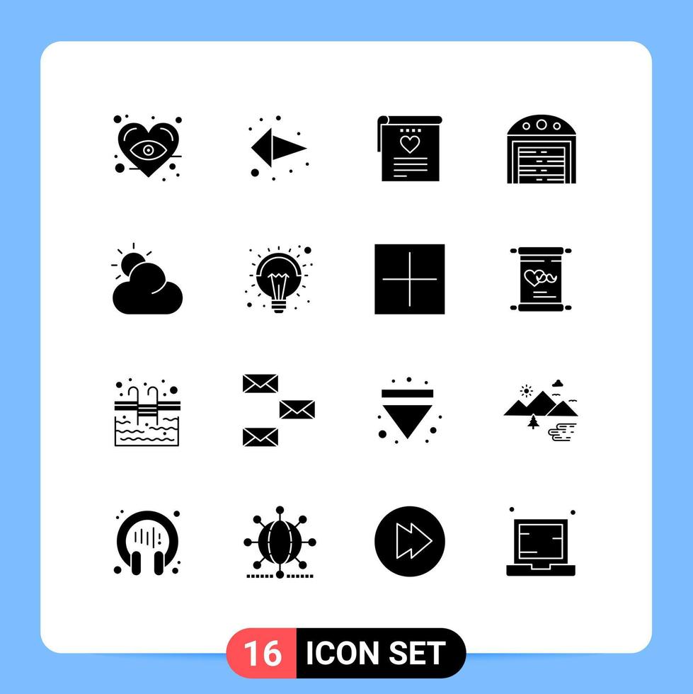 16 Thematic Vector Solid Glyphs and Editable Symbols of idea weather love sun construction Editable Vector Design Elements