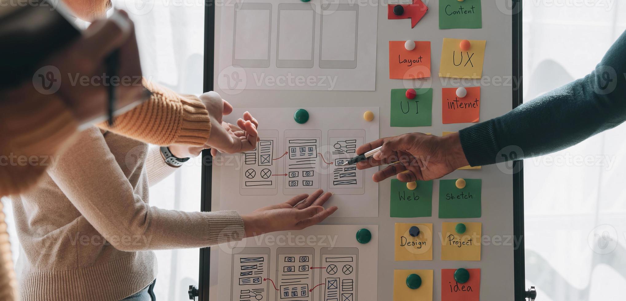 Close up ux developer and ui designer brainstorming about mobile app interface wireframe design on table with customer breif and color code at modern office.Creative digital development agency photo