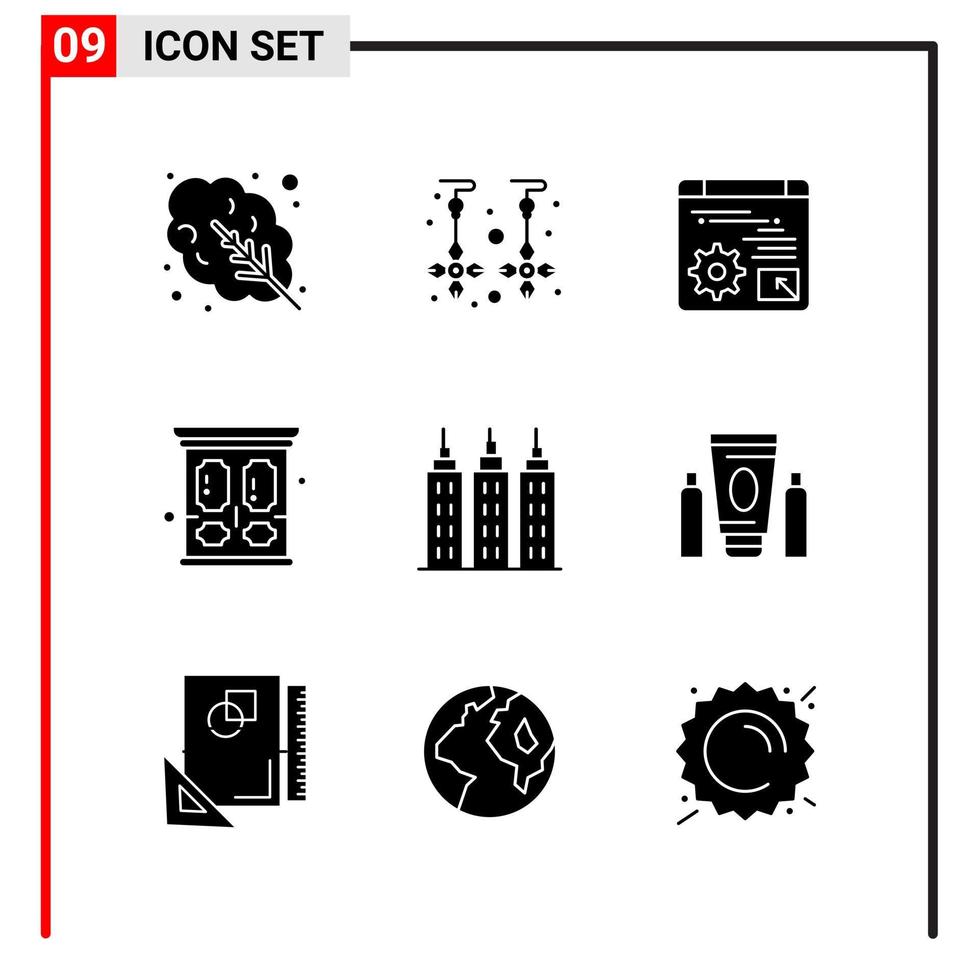 9 iconos generales para el diseño de sitios web impresos y aplicaciones móviles. 9 símbolos de glifo signos aislados sobre fondo blanco. Paquete de 9 iconos. vector