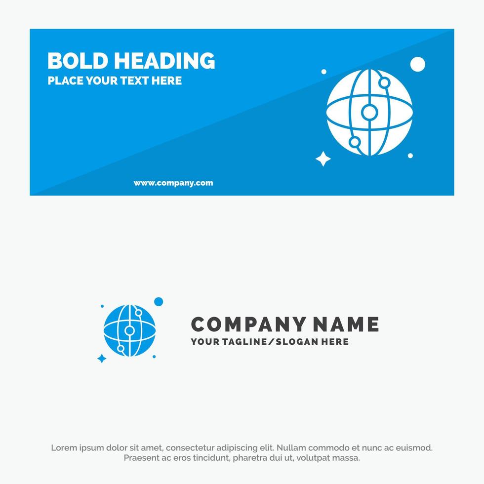 banner de sitio web de icono sólido de red de mapa mundial y plantilla de logotipo de empresa vector