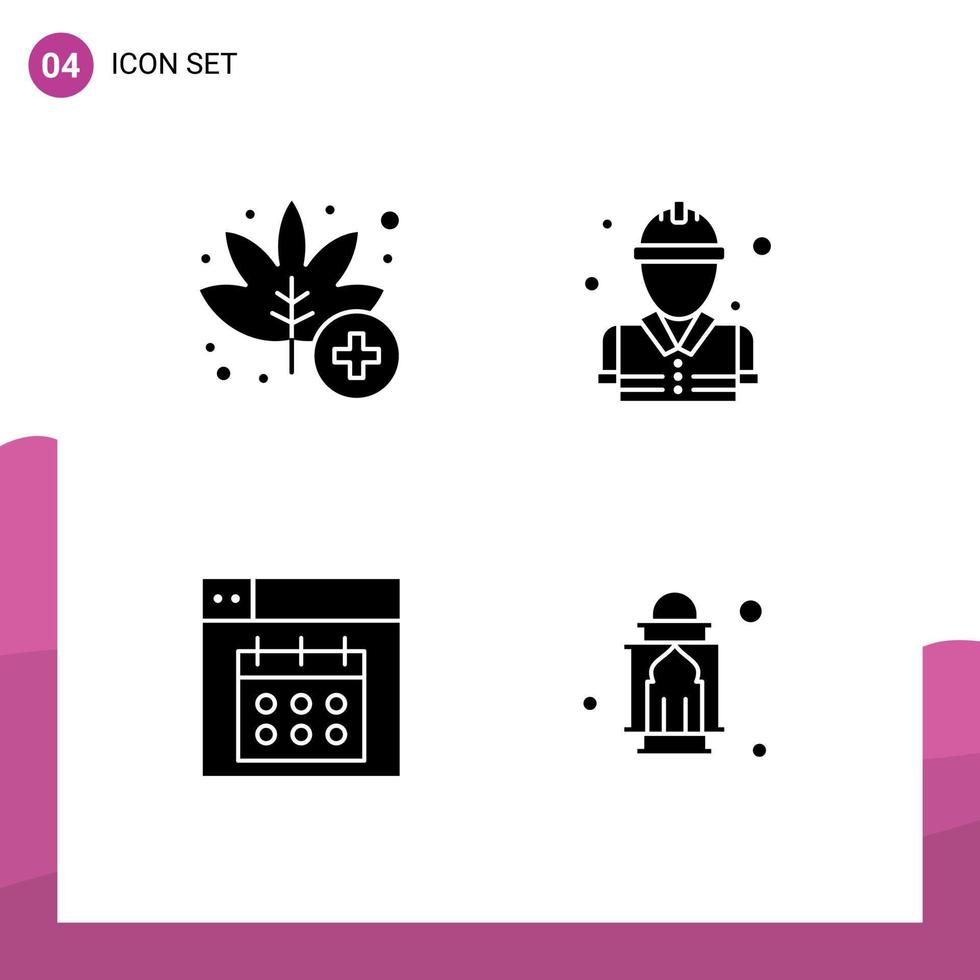 Pictogram Set of 4 Simple Solid Glyphs of leaf design weed firefighter date Editable Vector Design Elements