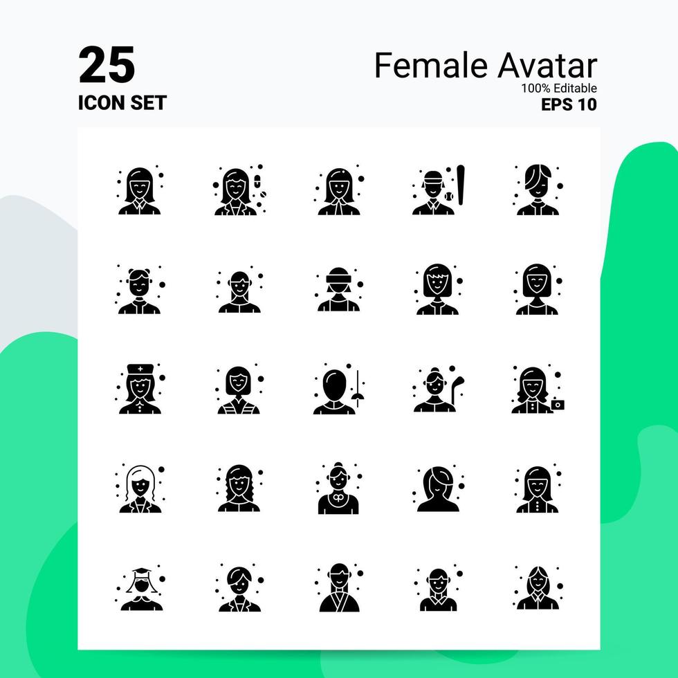 25 conjunto de iconos de avatar femenino 100 archivos editables eps 10 ideas de concepto de logotipo de empresa diseño de icono de glifo sólido vector
