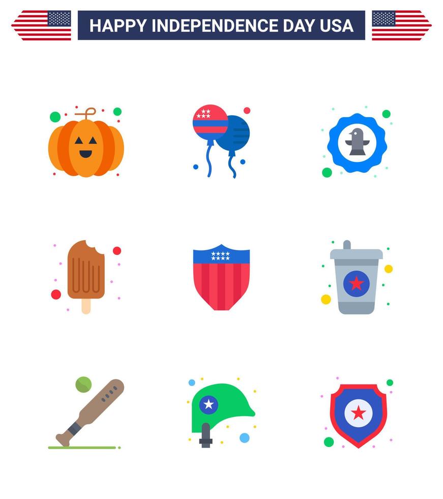 Happy Independence Day 4th July Set of 9 Flats American Pictograph of shield ice cream bird food cold Editable USA Day Vector Design Elements