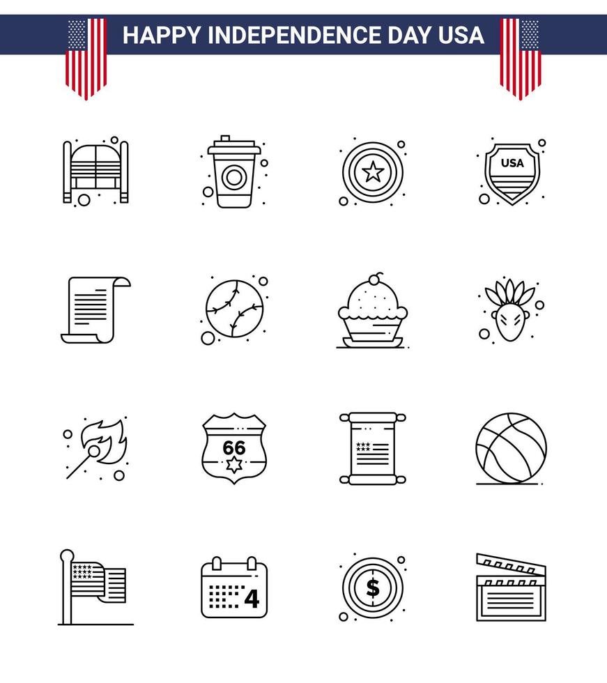 conjunto de líneas del día de la independencia de estados unidos de 16 pictogramas de estados unidos de la policía de archivo estadounidense escudo de estados unidos elementos de diseño vectorial editables del día de estados unidos vector