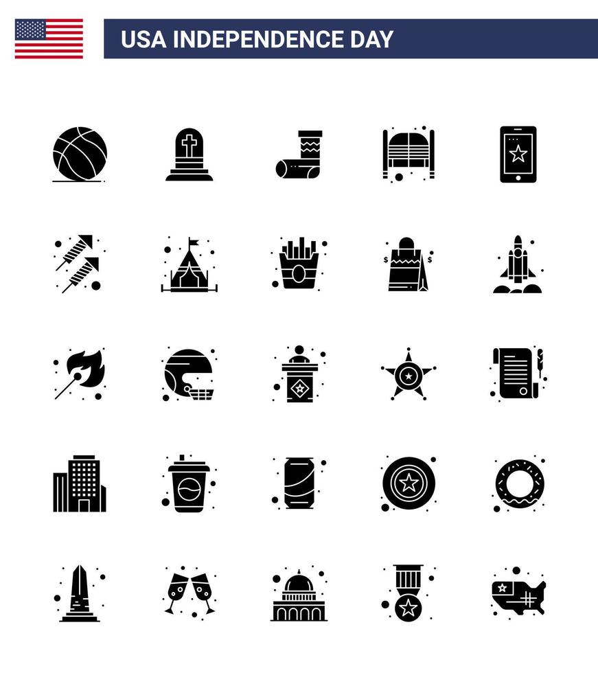 conjunto de 25 paquetes de glifos sólidos modernos en el día de la independencia de estados unidos celebración del día móvil barra de salón editable elementos de diseño vectorial del día de estados unidos vector