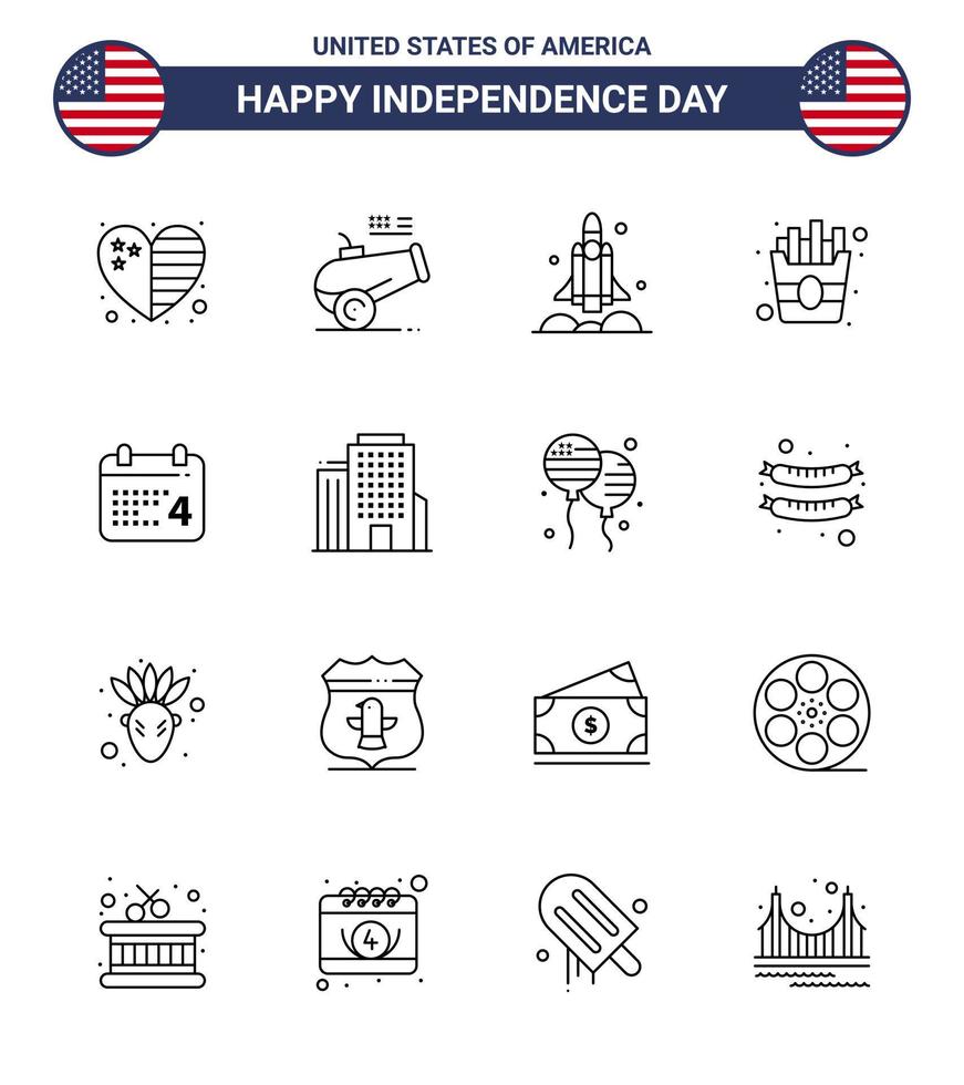 Set of 16 Vector Lines on 4th July USA Independence Day such as day fries launcher food usa Editable USA Day Vector Design Elements