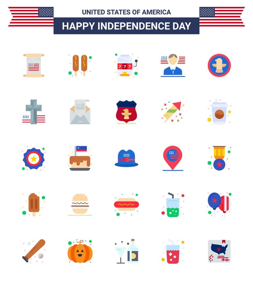 Set of 25 Vector Flats on 4th July USA Independence Day such as eagle bird machine american american Editable USA Day Vector Design Elements