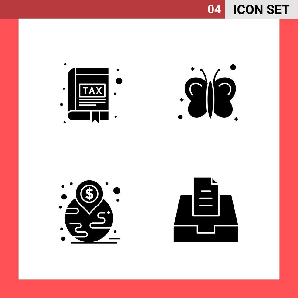 Paquete de 4 iconos de símbolos de glifo de estilo sólido sobre fondo blanco. señales simples para el diseño general. vector