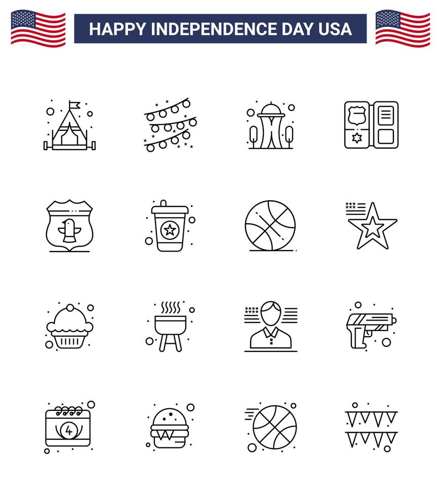 Set of 16 Modern Lines pack on USA Independence Day security usa needle sheild american Editable USA Day Vector Design Elements