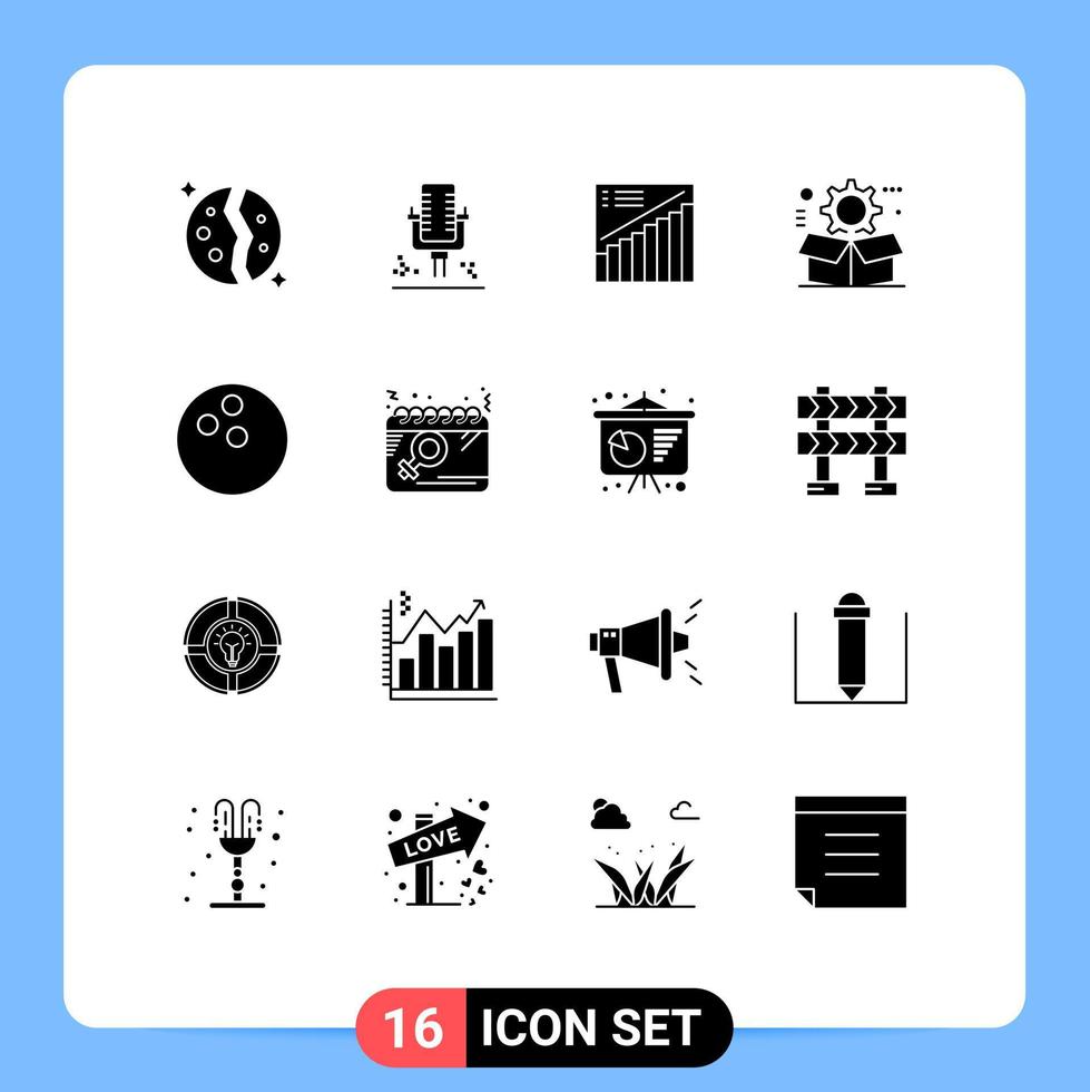 Editable Vector Line Pack of 16 Simple Solid Glyphs of setting cog recording box presentation Editable Vector Design Elements