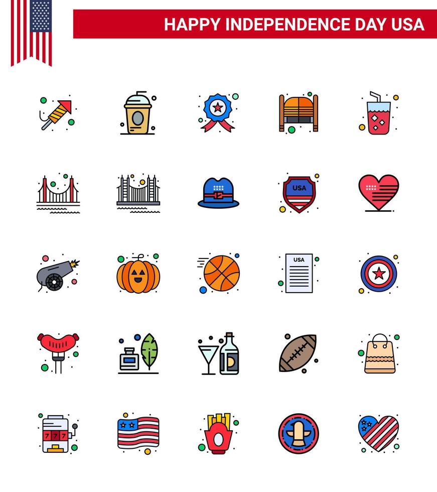 Happy Independence Day Pack of 25 Flat Filled Lines Signs and Symbols for entrance saloon independece doors police Editable USA Day Vector Design Elements