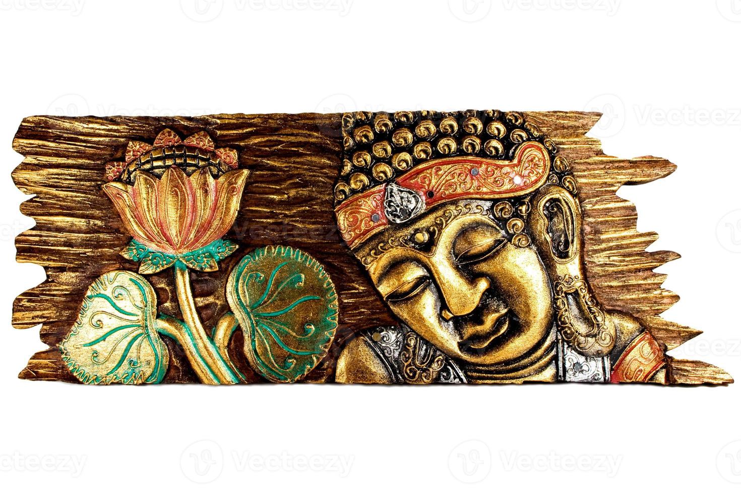 Timber board of Buddha and Lotus flower. Horizontal image. photo