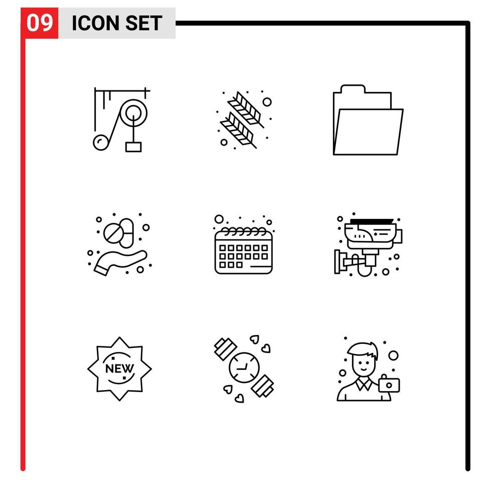 Pictogram Set of 9 Simple Outlines of schedule appointment files medicine capsule Editable Vector Design Elements