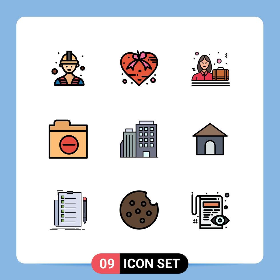 Modern Set of 9 Filledline Flat Colors Pictograph of builing error business detail folder Editable Vector Design Elements