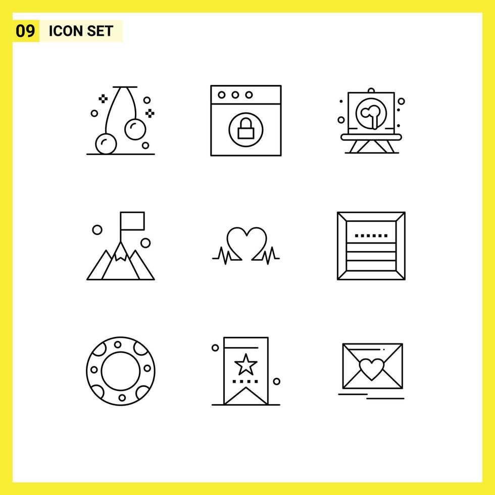User Interface Pack of 9 Basic Outlines of wedding love stationery heartbeat mountain Editable Vector Design Elements